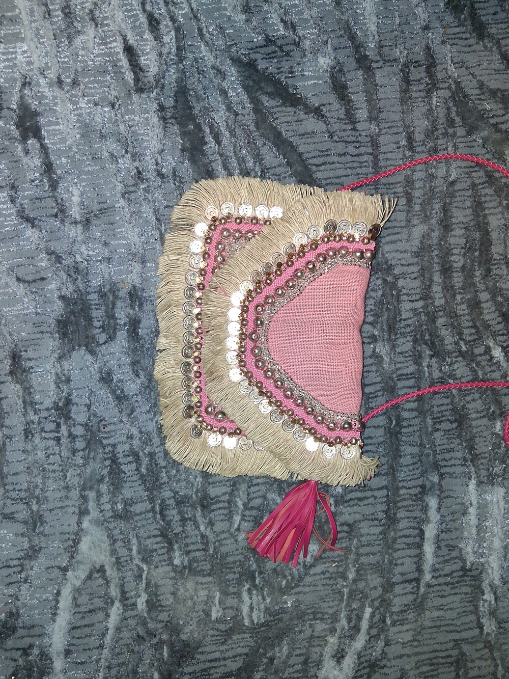 SHASHI Pink Fringe Crossbody with Tassel and Mirror Embellishments
